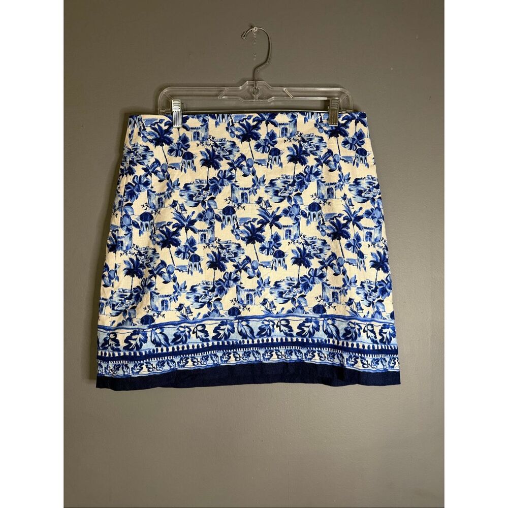 LOFT Corfu Weekend Shift Skirt Blue White Tropical Landscape Pattern Size12